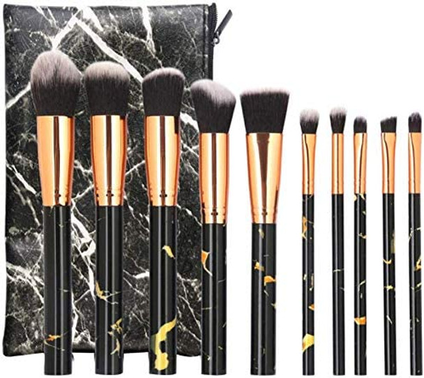 OLOOYA Makeup Brushes (10pcs +Bag) Marbling Handle Soft Powder Foundation Eyeshadow Lip Makeup Brush Set Cosmetic Tool -black