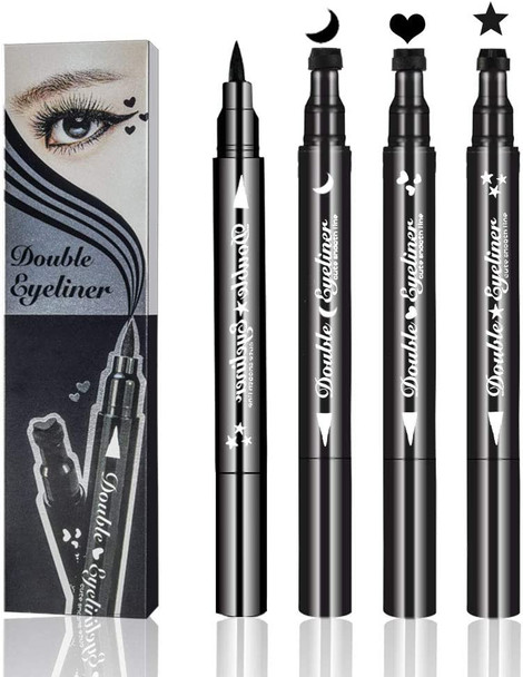 Ownest 3 Pcs Double-sided Liquid Eyeliner Pen,with Eye Makeup Stamp Super Slim Gel Felt Tip High Black Pigment,Waterproof Smudgeproof Long Lasting Eyeliner Eye Tattoo Makeup Tool-Heart,Star,Moon