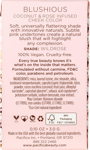 Pacifica Beauty Blushious Coconut & Rose Infused Cheek Color, Wild Rose, 0.05 Ounce