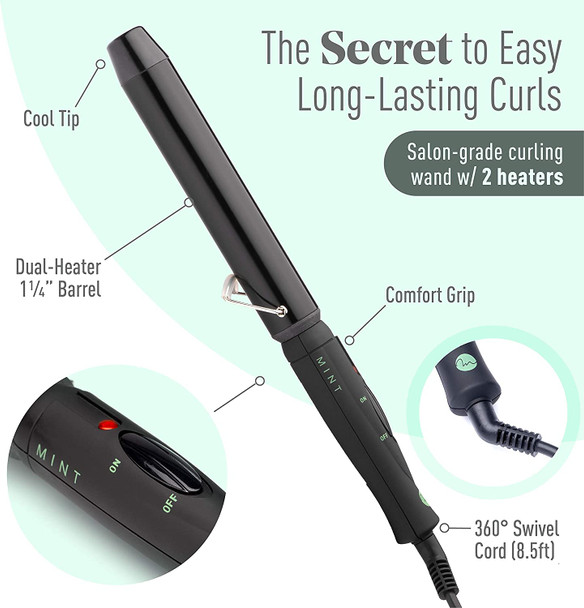 Professional Series Curling Wand 1 1/4 Inch Iron by MINT | Extra-Long 2-Heater Ceramic Barrel That Stays Hot. Hair Curler/Wave Former. Travel-Ready Dual Voltage.