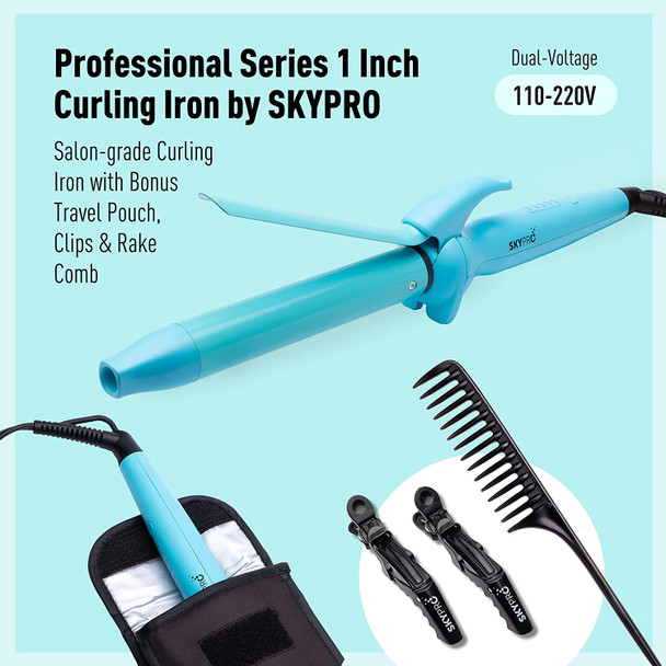 Professional Series Hair Curling Iron 1 Inch & Bonus Travel Pouch by SKYPRO | Small Curling Iron for Short Hair | Perfect Mid-Length Ceramic Curling Iron Barrel & Firm Clamp for All Hair Textures