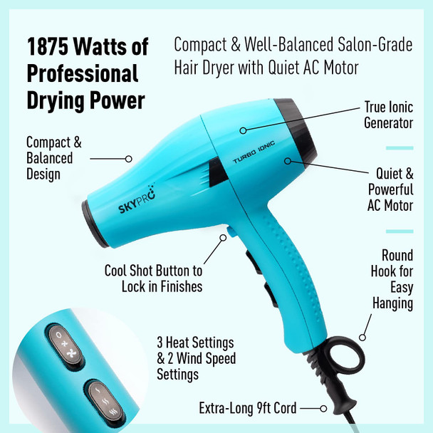 Professional Series Salon Hair Dryer with Diffuser by SKYPRO | Ionic Blow Dryer for Women |Small, Quiet, Lightweight, Compact | 1875 Watts Fast Salon-Grade Drying Power with Anti-Frizz Ionic Generator