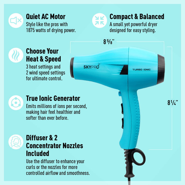 Professional Series Salon Hair Dryer with Diffuser by SKYPRO | Ionic Blow Dryer for Women |Small, Quiet, Lightweight, Compact | 1875 Watts Fast Salon-Grade Drying Power with Anti-Frizz Ionic Generator