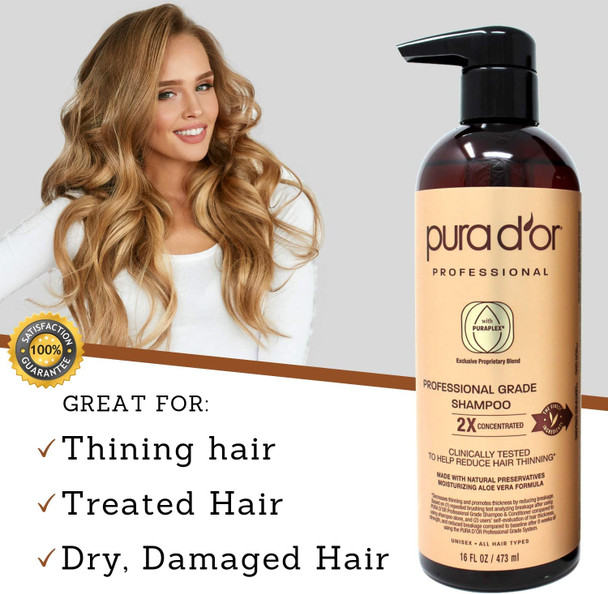 PURA D'OR Professional Grade Thickening Shampoo Clinically Tested Hair Thinning Therapy Super Concentrated for Maximum Results, Sulfate Free Natural & Organic Ingredients, Men & Women, 473 ml