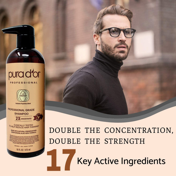 PURA D'OR Professional Grade Thickening Shampoo Clinically Tested Hair Thinning Therapy Super Concentrated for Maximum Results, Sulfate Free Natural & Organic Ingredients, Men & Women, 473 ml