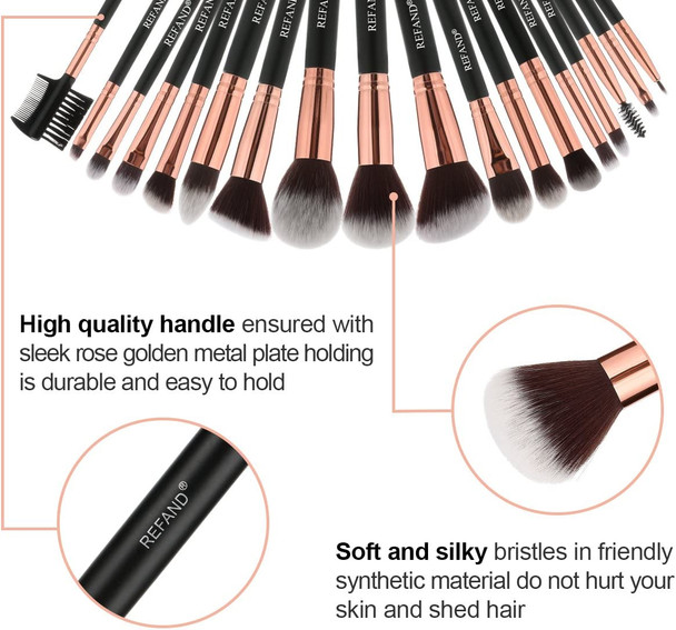 Refand Makeup Brushes Premium Makeup Brush Set Professional Makeup Kit with Pu Leather Storage Bag Rose Gold Black 18 pcs