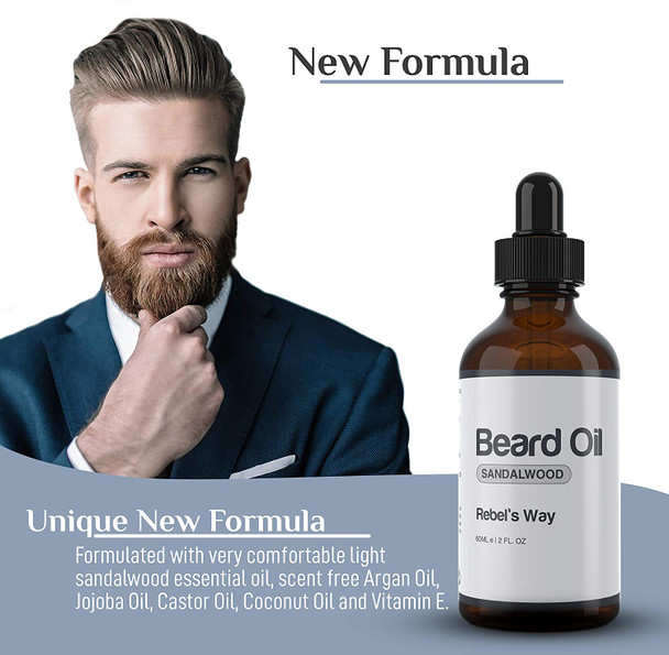 Sandalwood Beard Oil Made in Canada (2oz-60ml) - NEW FORMULA 100% Natural Beard and Mustache Conditioner For Men with Argan Oil, Jojoba Oil, Castor Oil and More - For a Softer, Fuller and Thicker Growth. Best Organic Beard Care Grooming Moisturizer