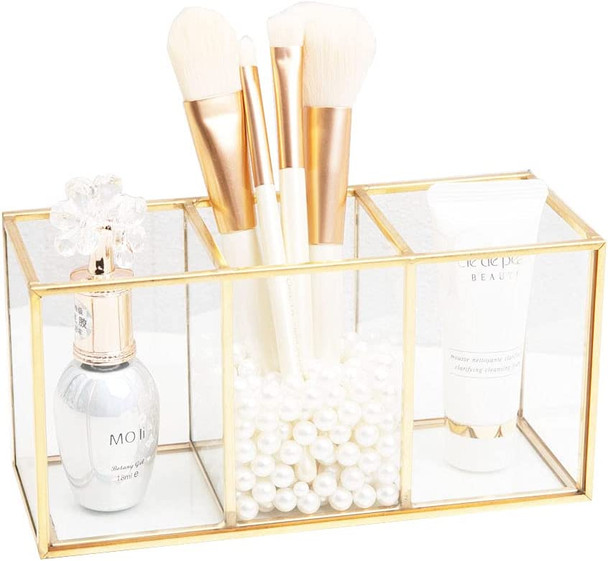 ShunMi Makeup Brush Holder Glass Brass Vintage Makeup Brush Organizer Cosmetic Brush Storage with Free White Pearls (Brush Holder A26)