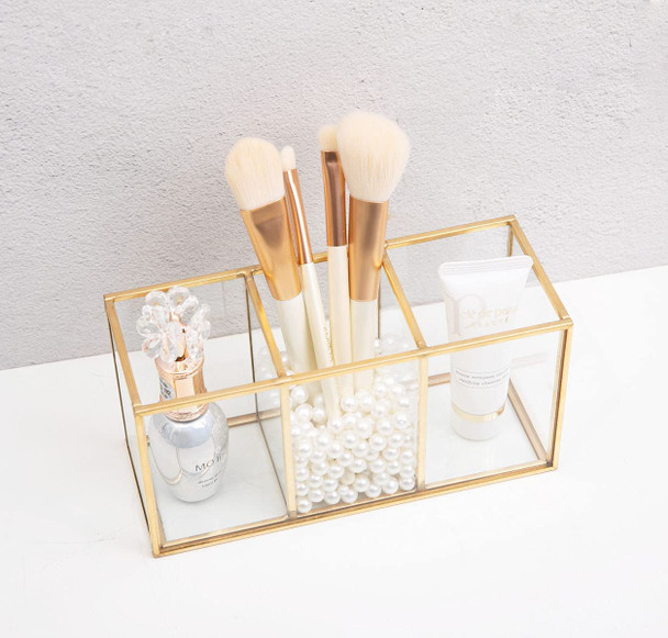 ShunMi Makeup Brush Holder Glass Brass Vintage Makeup Brush Organizer Cosmetic Brush Storage with Free White Pearls (Brush Holder A26)