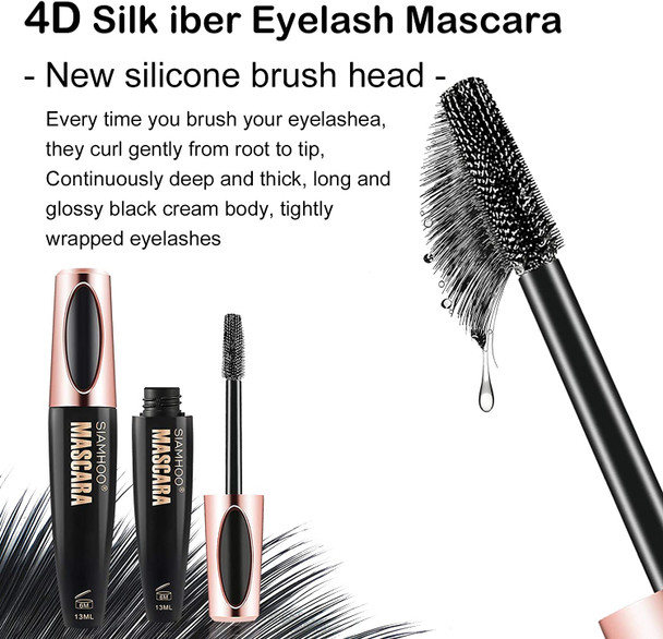 SIAMHOO 2PCS 4D Silk Fiber Lash Mascara Waterproof Extension Makeup Voluminous Eyelashes Mascara,Extra Long Lash Eyelashes,Thick, Long-Lasting,Smudge-Proof&No Clumping