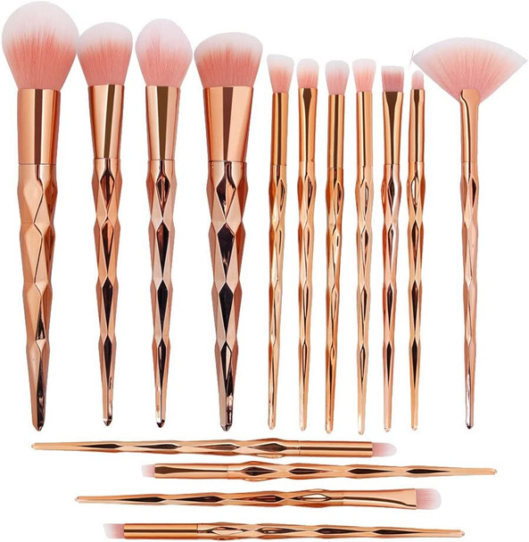 Tenmon 15pcs Unicorn Shiny Gold Makeup Brush Set Professional Foundation Powder Cream Blush Brush Kits (Rose Gold)