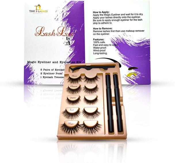 The 3 Ladies Magic Non- Magnetic Eyelashes- Faux Mink Natural Looking Eyelashes and Magic Eyeliner- 5 Pairs of 3D Eyelashes and 2 Pcs Eyeliner with Tweezers- New and Improved Formula- Easy to Apply