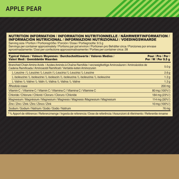 Optimum Nutrition Gold Standard Bcaa, Amino Acid Powder, Vitamin C With Zinc, Magnesium And Electrolytes, Immune Booster, Apple And Pear, 28 Servings, 266 G, Packaging May Vary
