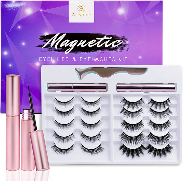 Updated 3D 6D Magnetic Eyelashes with Eyeliner Kit- 2 Tubes of Magnetic Eyeliner & 10 Pairs Magnetic Eyelashes Kit-With Natural Look & Reusable False lashes -No Glue Need