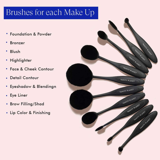 Vanity Planet Blend Party Oval Makeup Brush Kit - Flexible Handles, Synthetic Bristles - Set of 10, Midnight Black