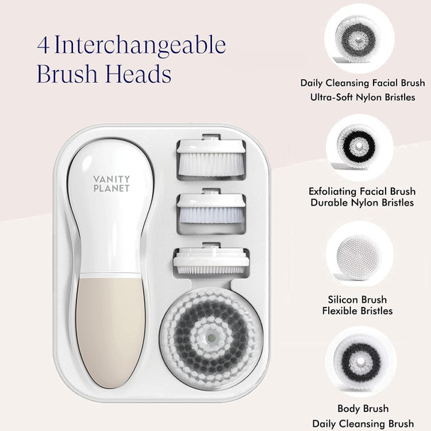 Vanity Planet Raedia Facial Cleansing Brush with 3 Interchangeable Brush Heads  Daily Cleansing, Glowing Skin, Lightweight Skin Brush/Face Exfoliator, Water Resistant (Warm Gray)