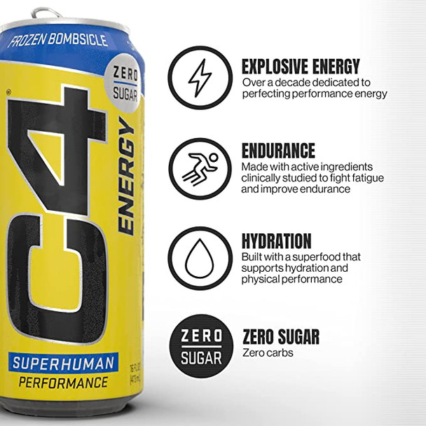 C4 Energy Drink 12Oz (Pack Of 12) - Frozen Bombsicle - Sugar Free Pre Workout Performance Drink With No Artificial Colors Or Dyes