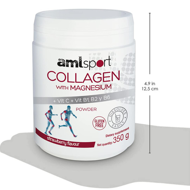 AML Sport - Collagen with Magnesium + VIT C, B1, B2 and B6-350g (Strawberry Flavour). Tissue Regenerator with Type 1 &2 Collagen. Gluten Free. Sugar Free