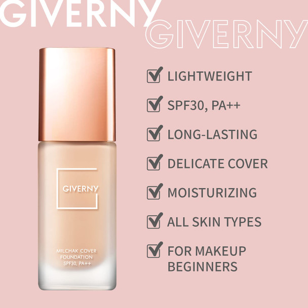 GIVERNY Milchak Cover Foundation #23 Medium beige  Moist Liquid Foundation for All Skin Types  Flawless Makeup - Lightweight Formula for Satin Glass Texture without Sticky or Cakey, 1.01 fl.oz.