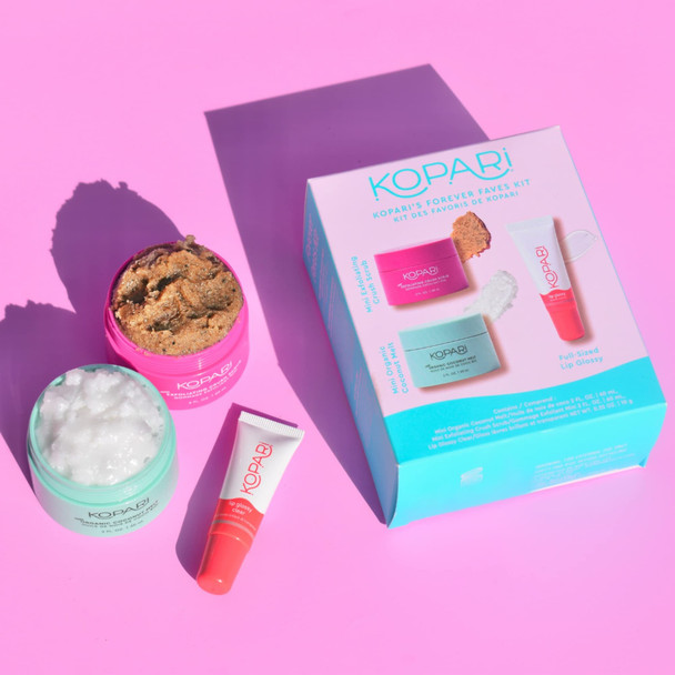 Kopari Forever Faves Bundle | Mini Organic Coconut Melt, Exfoliating Mini Coconut Crush Scrub, Clear Moisturizing Lip Glossy