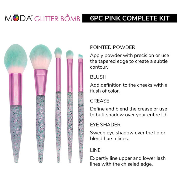 MODA Full Size Glitter Bomb 6pc Complete Makeup Brush Kit with Pouch Includes, Pointed Powder, Blush, Crease, Eye Shader, and Liner Brushes, Pink