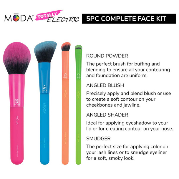 Moda Royal & Langnickel Full Size Electric 5pc Brush Set with Pouch, Includes - Round Powder, Angled Blush, Angled Shader and Smudger Brushes, Multicolor - Neon