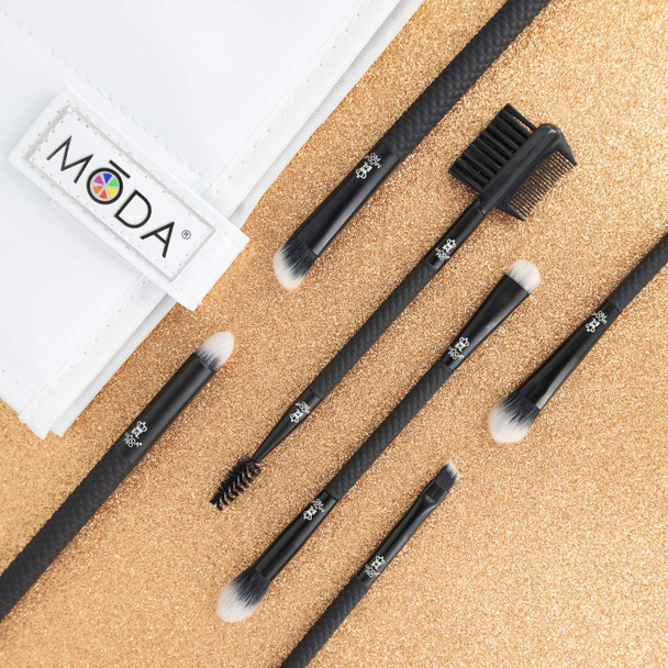 MODA Pro Travel Size Beautiful Eyes 7pc Makeup Brush Set with Pouch, Includes - Angle Shader, Crease Smudger, Eye Shader, Smoky Eye, Brow Liner and Lash Comb Brushes, Black