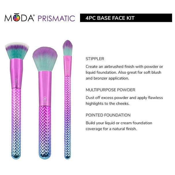 MODA Full Size Prismatic Base Face 4pc Makeup Brush Set with Pouch, Includes, Multi-Purpose Brush, Stippler, and Pointed Foundation Brushes, Pink -Teal Ombre