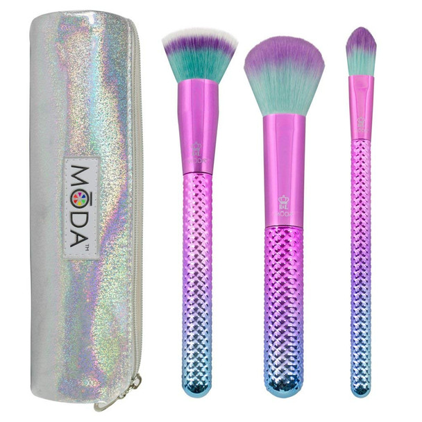 MODA Full Size Prismatic Base Face 4pc Makeup Brush Set with Pouch, Includes, Multi-Purpose Brush, Stippler, and Pointed Foundation Brushes, Pink -Teal Ombre