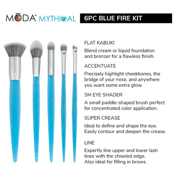 MODA Full Size Mythical Blue Fire 6pc Makeup Brush Set with Pouch, Includes - Flat Kabuki, Accentuate, Small Eye Shader, Super Crease, and Line Brushes, Blue