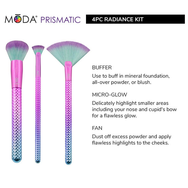 MODA Full Size Prismatic Radiance 4pc Makeup Brush Set with Pouch, Includes, Fan, Buffer, and Micro-Glow Brushes, Pink -Teal Ombre