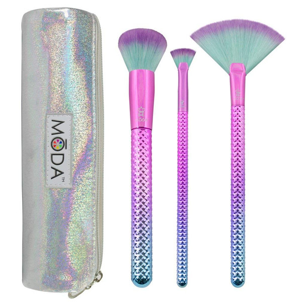 MODA Full Size Prismatic Radiance 4pc Makeup Brush Set with Pouch, Includes, Fan, Buffer, and Micro-Glow Brushes, Pink -Teal Ombre