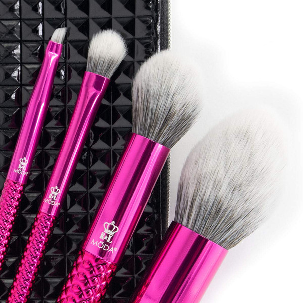 MODA Full Size Metallic Picture Perfect 5pc Makeup Brush Set with Pouch, Includes - Blush, Contour, Shader, Angle Liner Brushes, Metallic Pink