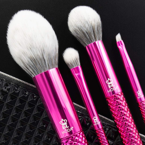 MODA Full Size Metallic Picture Perfect 5pc Makeup Brush Set with Pouch, Includes - Blush, Contour, Shader, Angle Liner Brushes, Metallic Pink