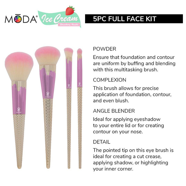 MODA Full Size Ice Cream 5pc Full Face Makeup Brush Kit with Pouch Includes, Powder, Complexion, Angle Blender, and Detail Brushes, Strawberry Vanilla