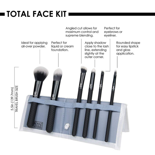 MODA Pro Total Face Travel Size Makeup Brush Set with Pouch, Includes - Powder, Foundation, Angle Shader, Smoky Eye, Brow Liner and Pointed Lip Brushes, Black