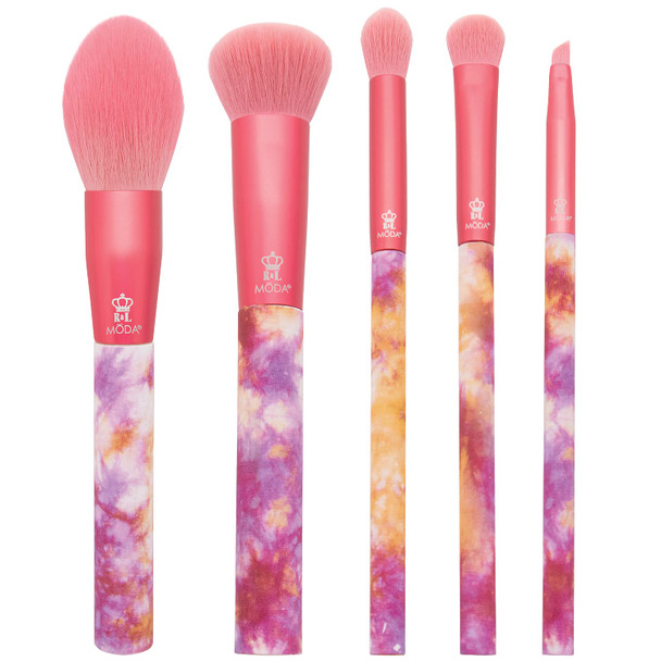 MODA Tie Dye, 5pc Full Face Makeup Brush Set, Includes - Blush, Complexion, Shadow, Crease, & Liner Brushes, Calming Coral