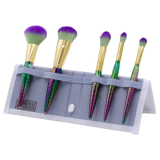 MODA Travel Size Mythical Sweet Siren 6pc Makeup Brush Set with Pouch, Includes - Powder, Complexion, Highlight and Glow, Cease, and Eye Shader Brushes, Multi-Color