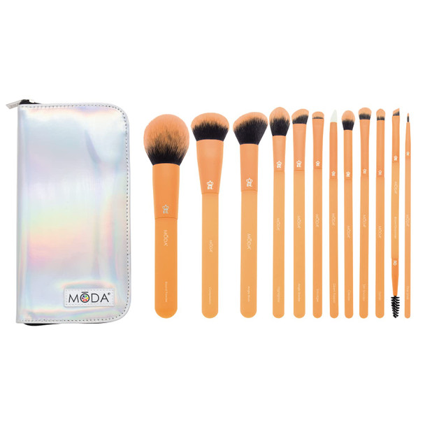 MODA Totally Electric 13pc Full Face Makeup Brush Set, Includes - Powder, Complexion, Blush, Shader, Smudger & Crease Brushes with Zip Case (Neon Orange)