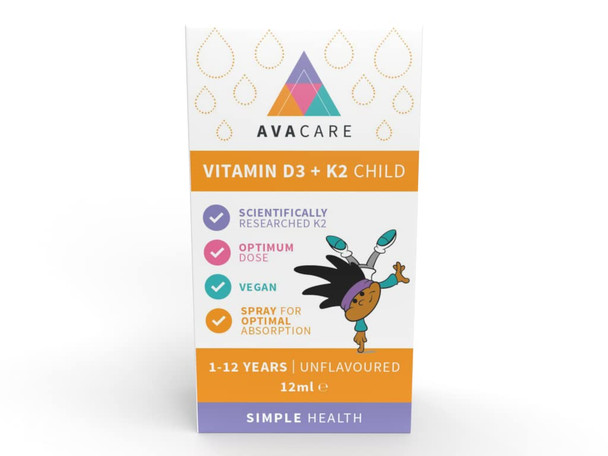 AvaCare Vitamin D3 + K2 Child Spray 12 Millilitres 1-12 Years | Delivers 200IU Vitamin D3 & 11.25?g MenaQ7 Vitamin K2 Per Spray | Vegan