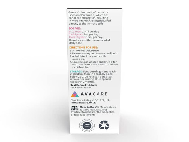 AvaCare Vitamin C Liposomal Immunity Liquid 150ml|1000mg Vit C & 4mg zinc + Acerola & Rutin | Vegan | Immune Support & Virus Protection | UK Made | Orange Flavour