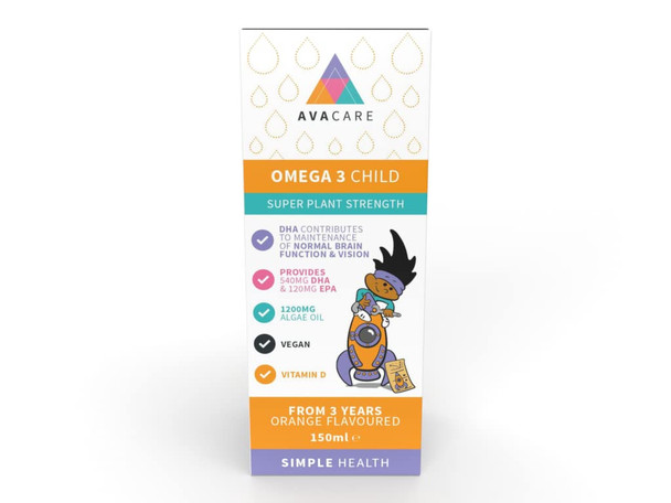 Avacare Omega 3 Child Super Plant Strength 150ml | Contains Vitamin D3 and E | Supports Normal Function of Brain, Vision and Heart | Vegan