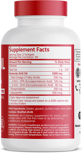 Bronson Antarctic Krill Oil 1000 Mg With Omega-3S Epa, Dha, Astaxanthin And Phospholipids 120 Softgels (60 Servings)-1656717812