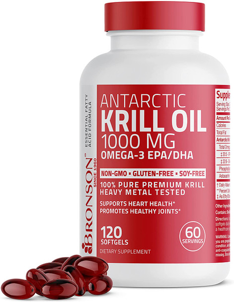 Bronson Antarctic Krill Oil 1000 Mg With Omega-3S Epa, Dha, Astaxanthin And Phospholipids 120 Softgels (60 Servings)-1656717812