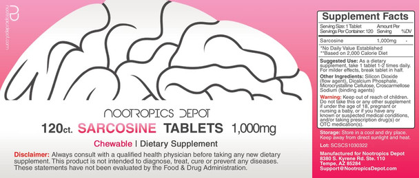 Nootropics Depot Sarcosine Tablets Chewable 1000Mg 120 Count