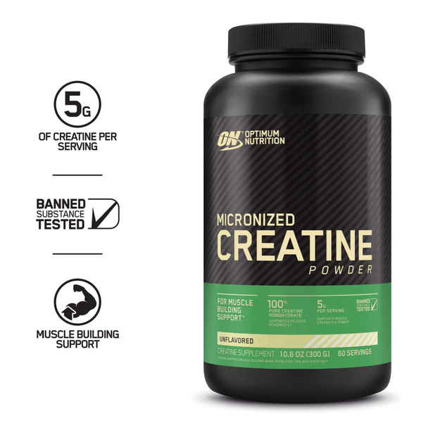 Optimum Nutrition Micronized Creatine Monohydrate Powder, Unflavored, Keto Friendly, 60 Servings