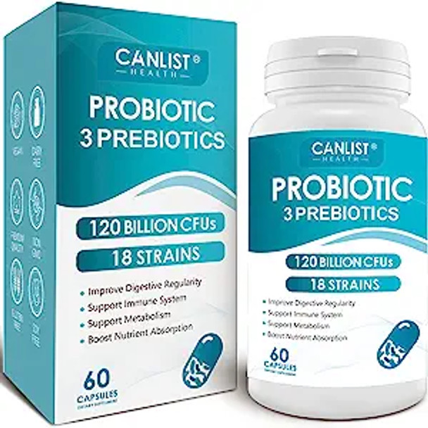 CANLIST Probiotics 120 Billion CFUs 18 Strains, 3 Prebiotics & Digestive Enzymes for Men Women 60 Vegetarian Capsules