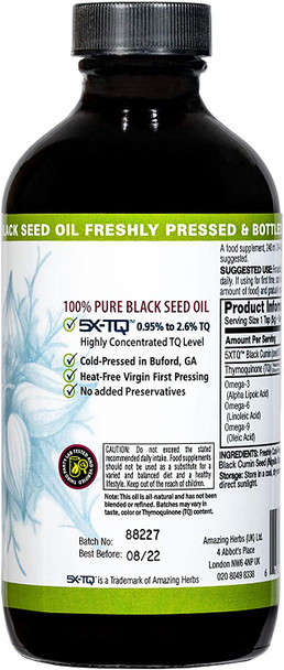 Black Seed Oil - Amazing Herbs Premium High Strength Pure Cold-Pressed Black Cumin Seed Oil (240ml, 8oz Glass Bottle)