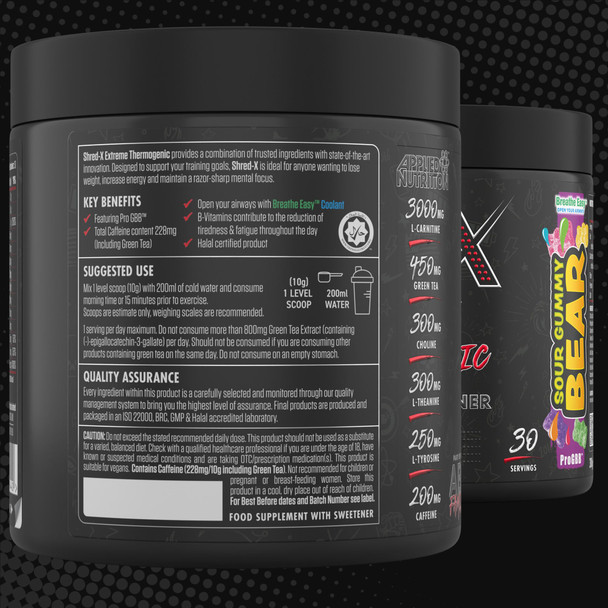 Applied Nutrition Shred X Thermo Powder  Weight Loss Fat Burner with Green Tea L Carnitine Theanine Tyrosine, Thermogenic Energy Detonator Supplement, Shred-X 300g - 30 Servings (Sour Gummy Bear)