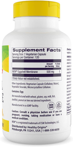 Healthy Origins - Eggshell Membrane (NEM), 500mg x 120 Vegetarian Capsules | Natural | Joint Supplement | Gluten-Free | Soy-Free | Dairy-Free